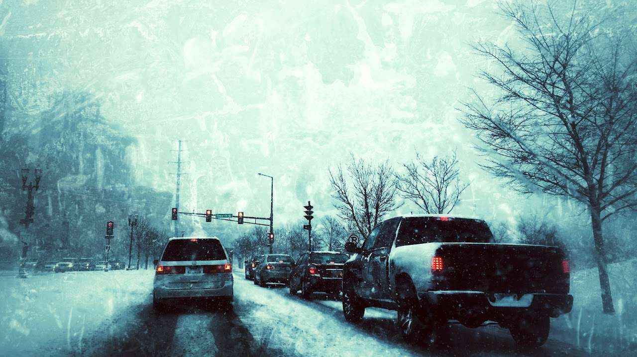 snow cold winter fog road mist white traffic street car morning highway frost driving travel transportation transport ice vehicle drive weather