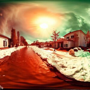 Flooded street with snow on the sidewalks under a blazing sun. AI generated.