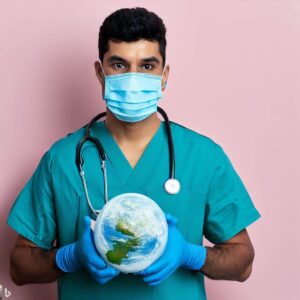 Doctor wearing mask and gloves holding planet Earth