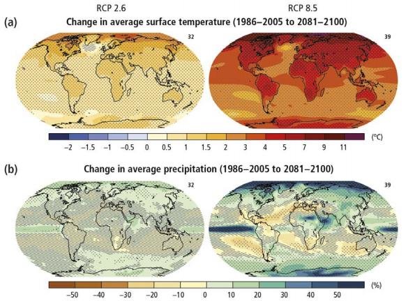 Projected potential changes in global temperature and precipitation up to 2100. Source: IPCC