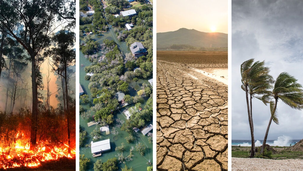 Picture of fire, flood, drought and strong wind.